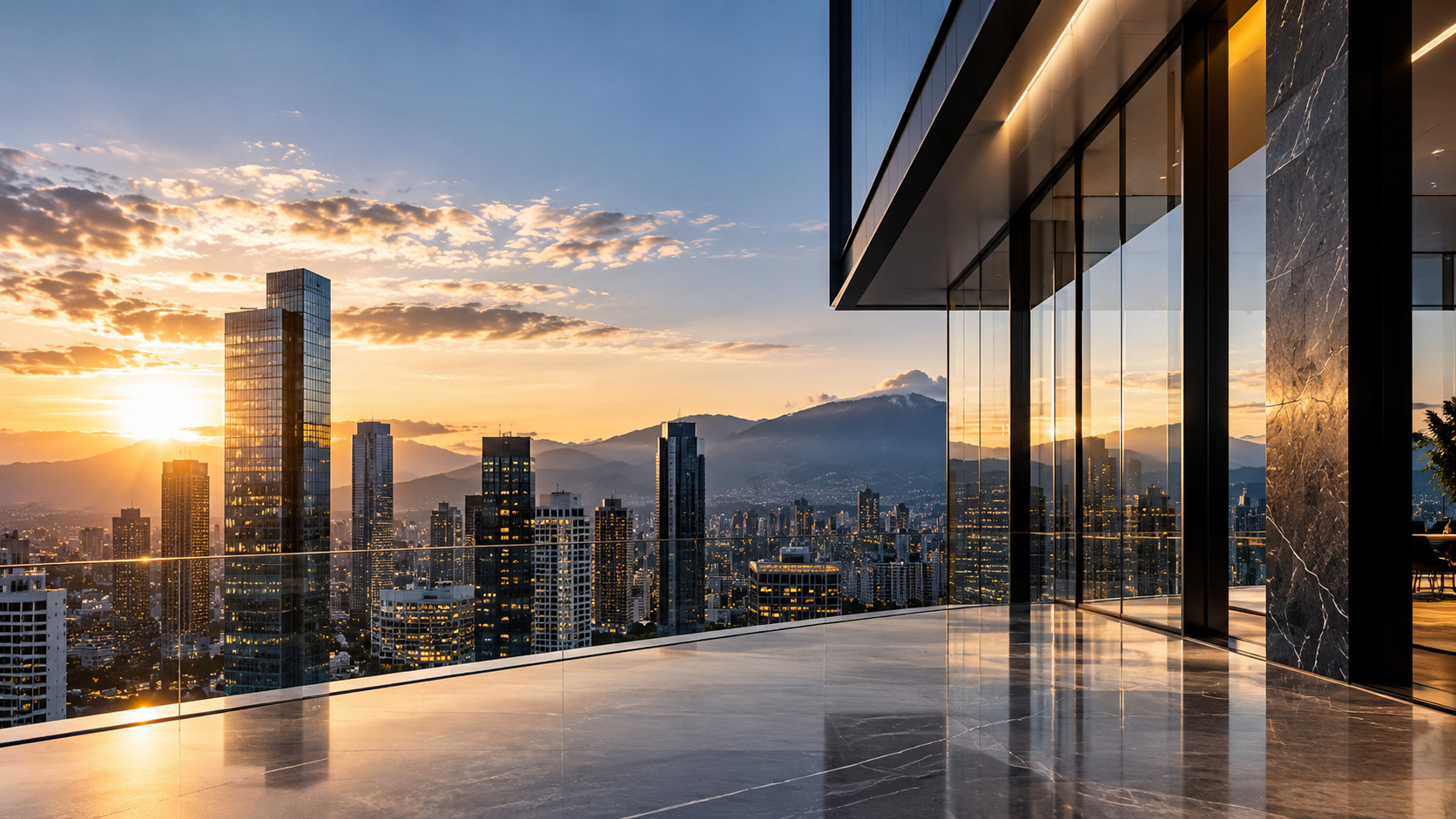 Terraza de un edificio contemporáneo en vidrio y mármol frente al skyline de la ciudad al atardecer