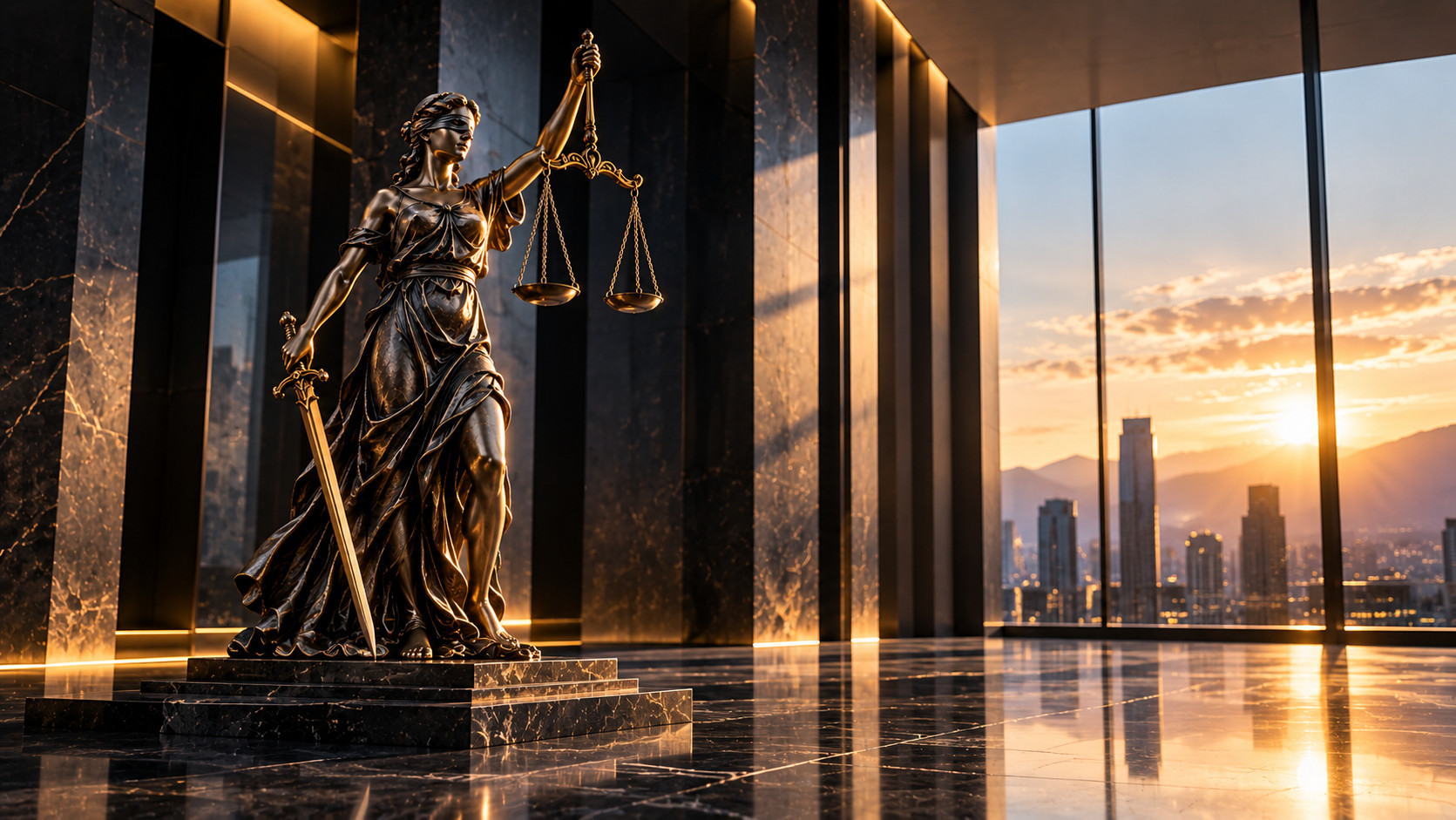 Figura de la Justicia en bronce sobre pedestal de mármol, junto a un ventanal con vista a la ciudad