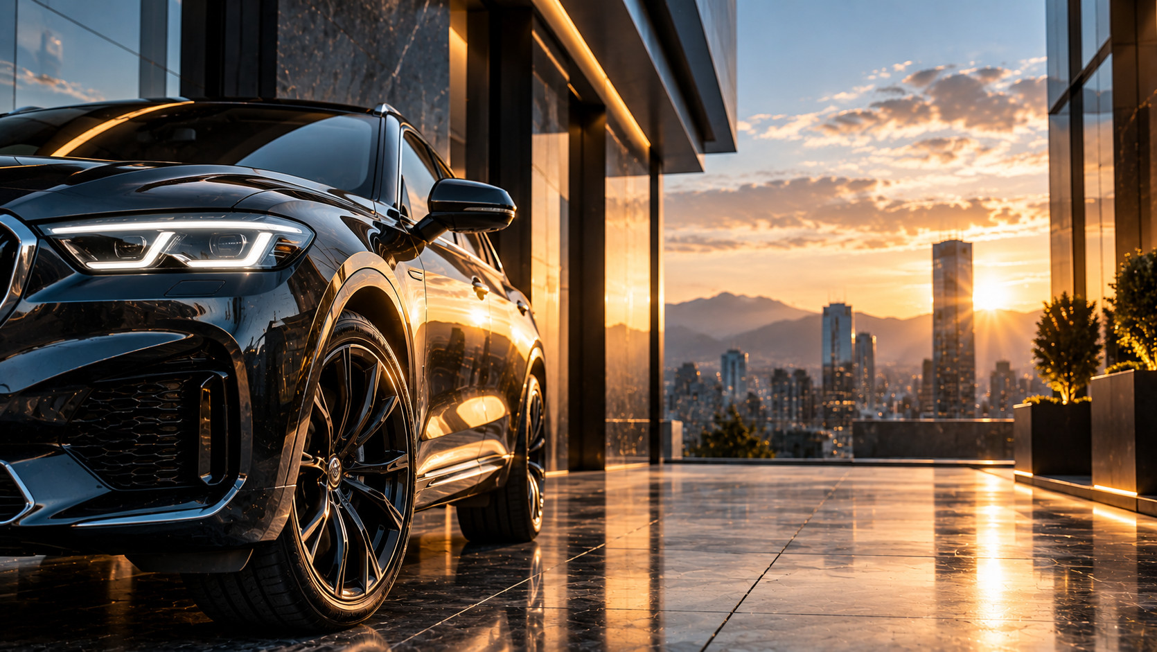 Vehículo premium negro estacionado frente a arquitectura contemporánea al atardecer